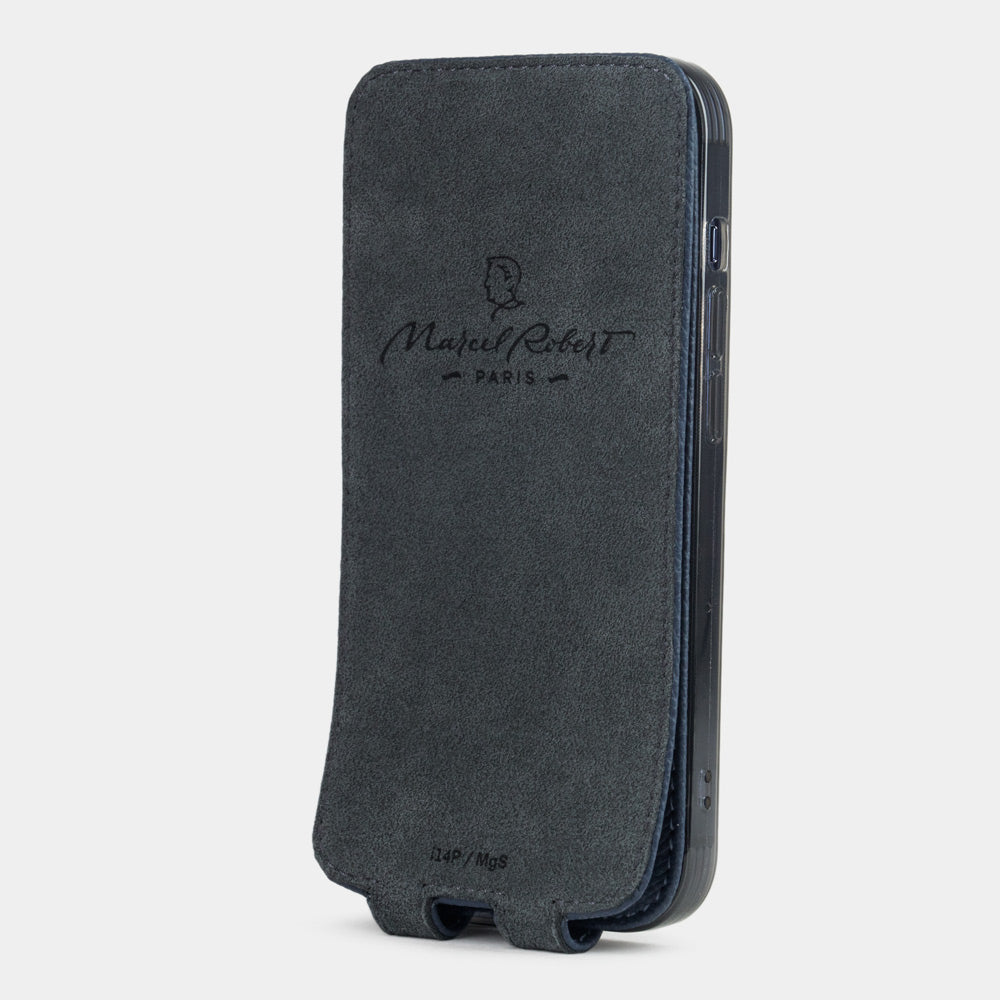 blue Calfskin Case iPhone 15 Pro - view from camera side and how the lenses are efficiently protected