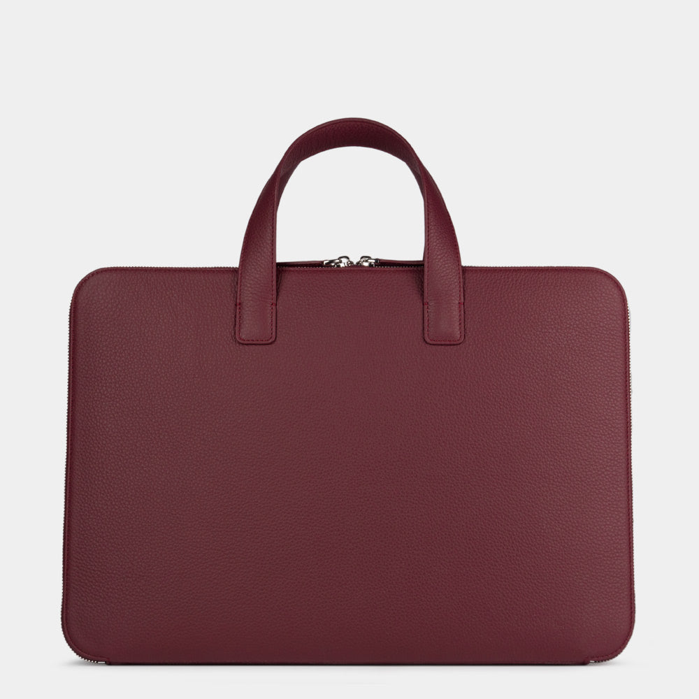 Bordeaux 17 inch leather laptop bag with pockets back view, structured professional design