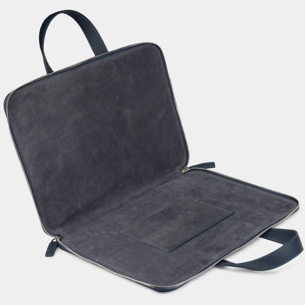 17 inch blue leather laptop bag with pockets interior view, structured professional compartments