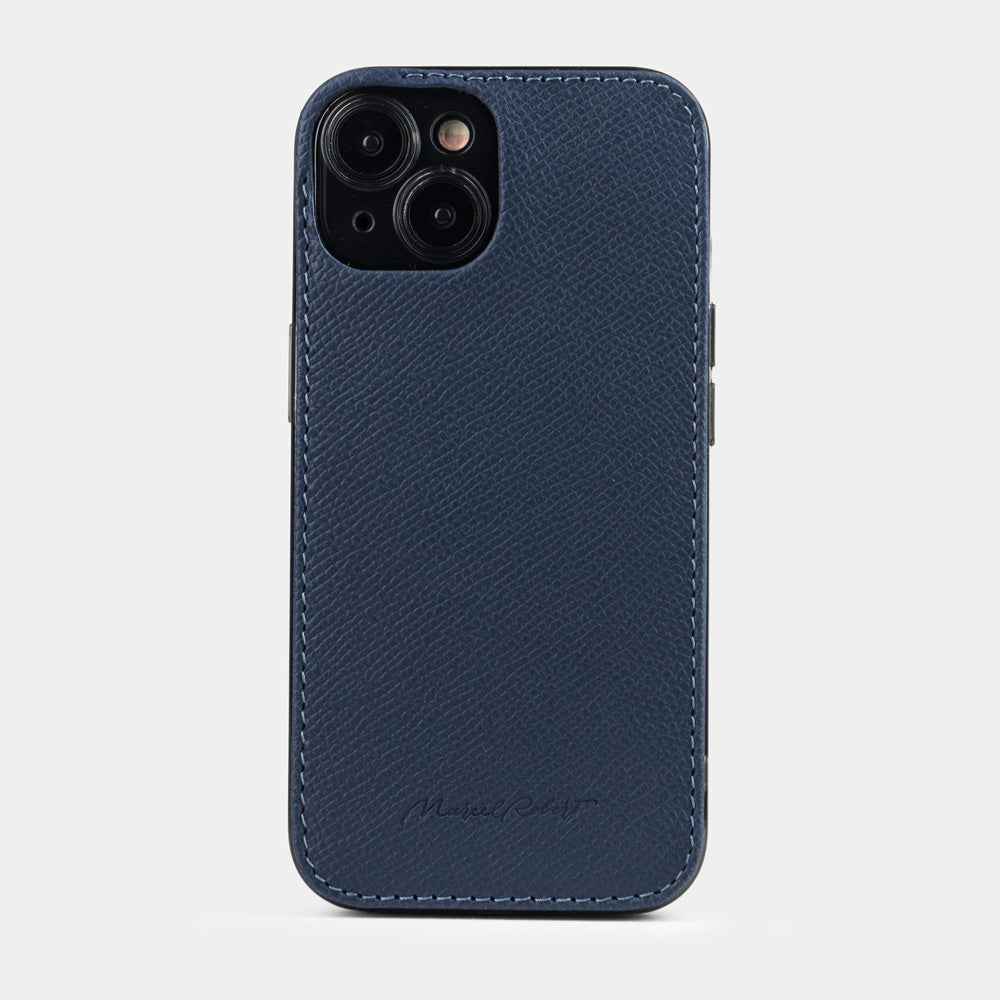 Coque cuir bleu Saffiano pour iPhone 15 Plus – vue de dos côté appareil photo, rebord de cuir surélevé protégeant les objectifs