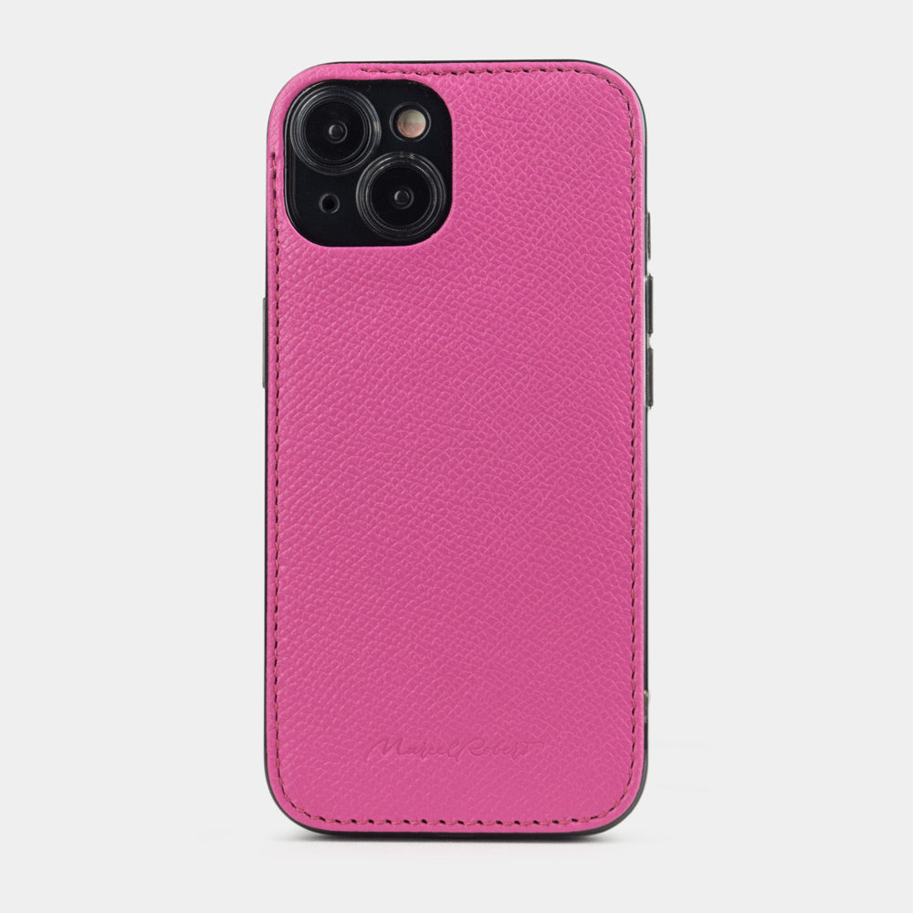 Coque cuir rose pour iPhone 15 Plus – vue de dos côté appareil photo, rebord de cuir surélevé protégeant les objectifs