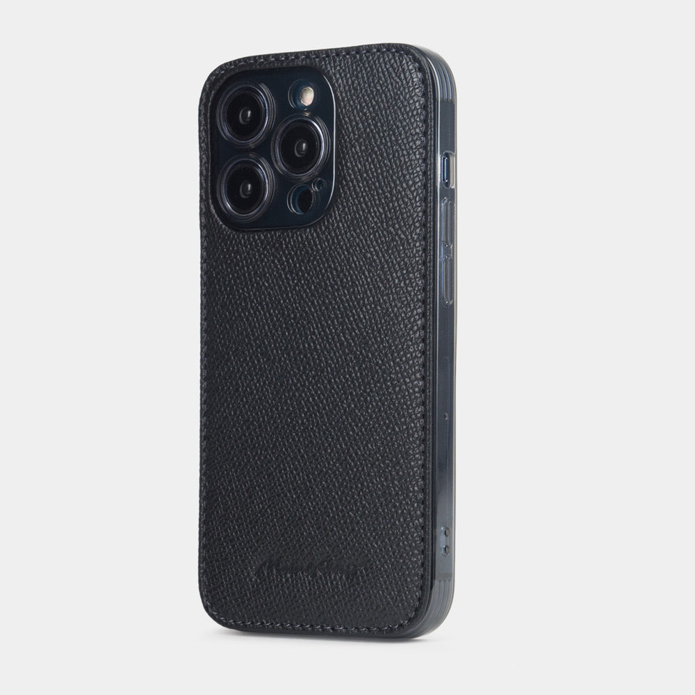 black saffiano leather Cover Case iPhone 15 Pro - view from camera side & how the lenses are efficiently protected