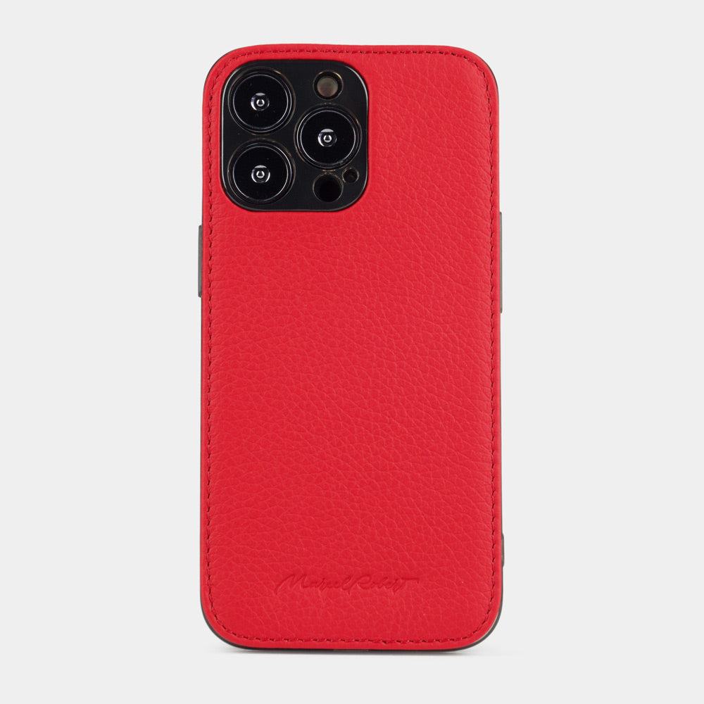 Red Calfskin Cover Case iPhone 15 Pro Max - view from camera side and how the lenses are efficiently protected
