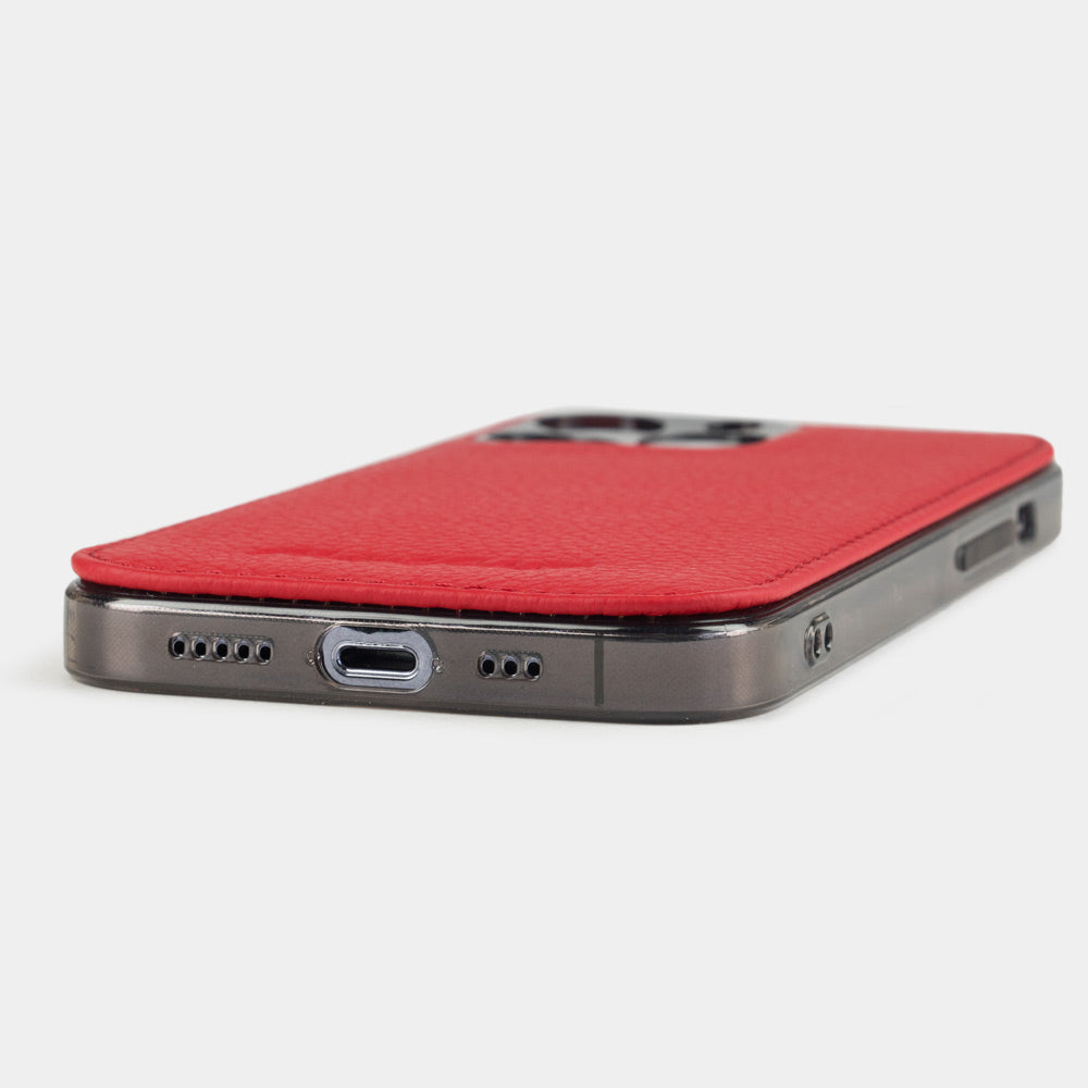 Red Calfskin Cover Case iPhone 15 Pro Max - flat side view displaying ultra-thin handcrafted design, USB-C port opening and precise edge finishing
