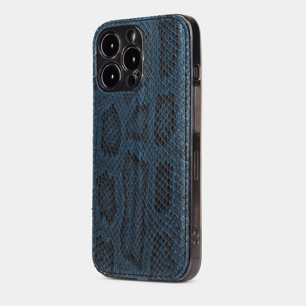 Blue Python Cover Case iPhone 15 Pro Max – luxury handmade phone case in genuine python leather, main photo
