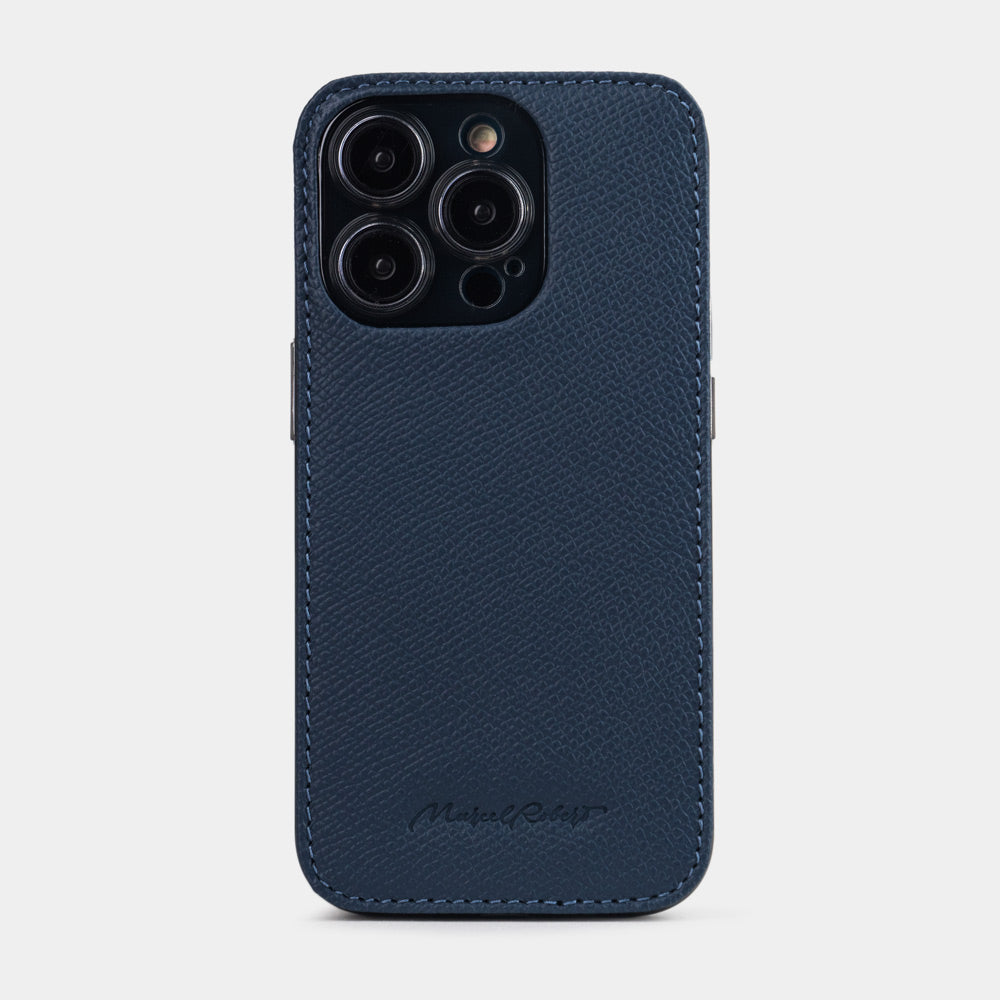 Blue Saffiano Cover Case iPhone 15 Pro Max - view from camera side and how the lenses are efficiently protected
