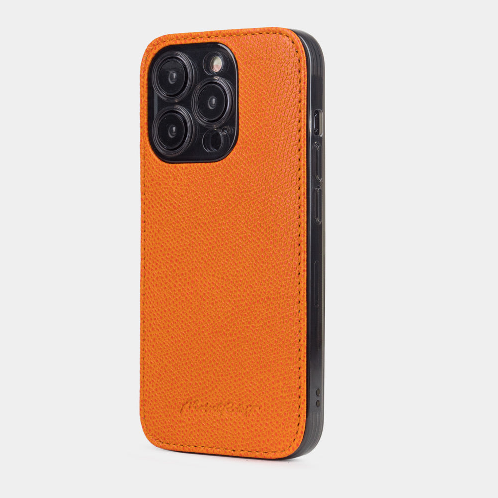 orange leather Cover Case iPhone 15 Pro - view from camera side & how the lenses are efficiently protected