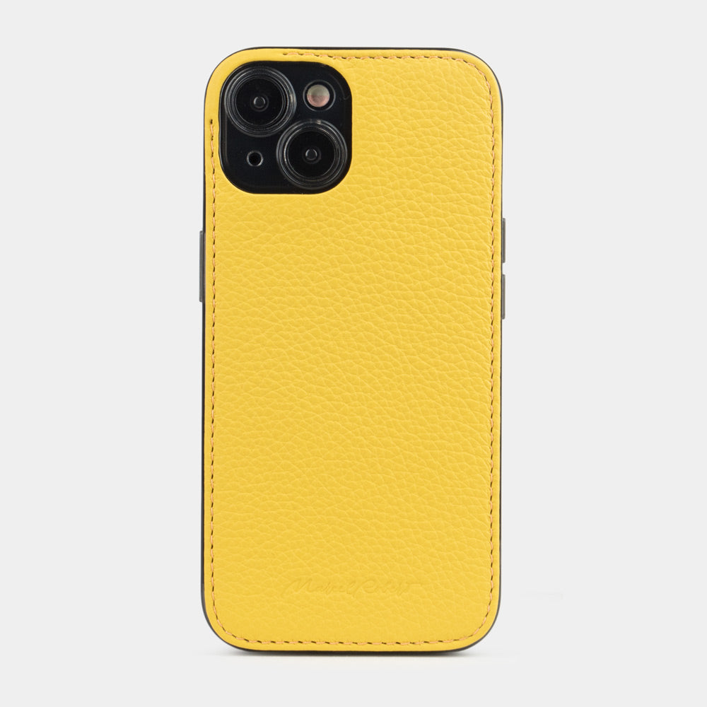 Coque cuir jaune pour iPhone 15 Plus – vue de dos côté appareil photo, rebord de cuir surélevé protégeant les objectifs