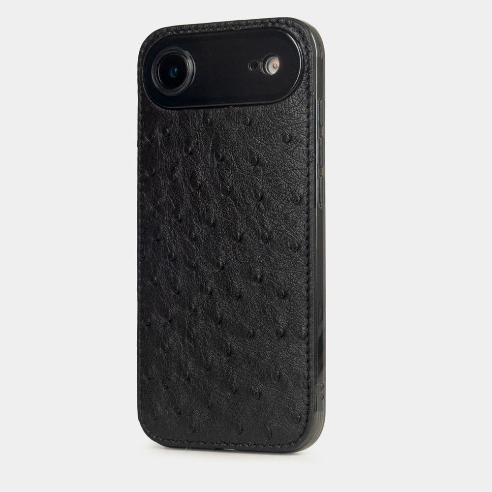 Black Ostrich Cover Case iPhone 17 Air – luxury handmade phone case in genuine ostrich leather, main photo
