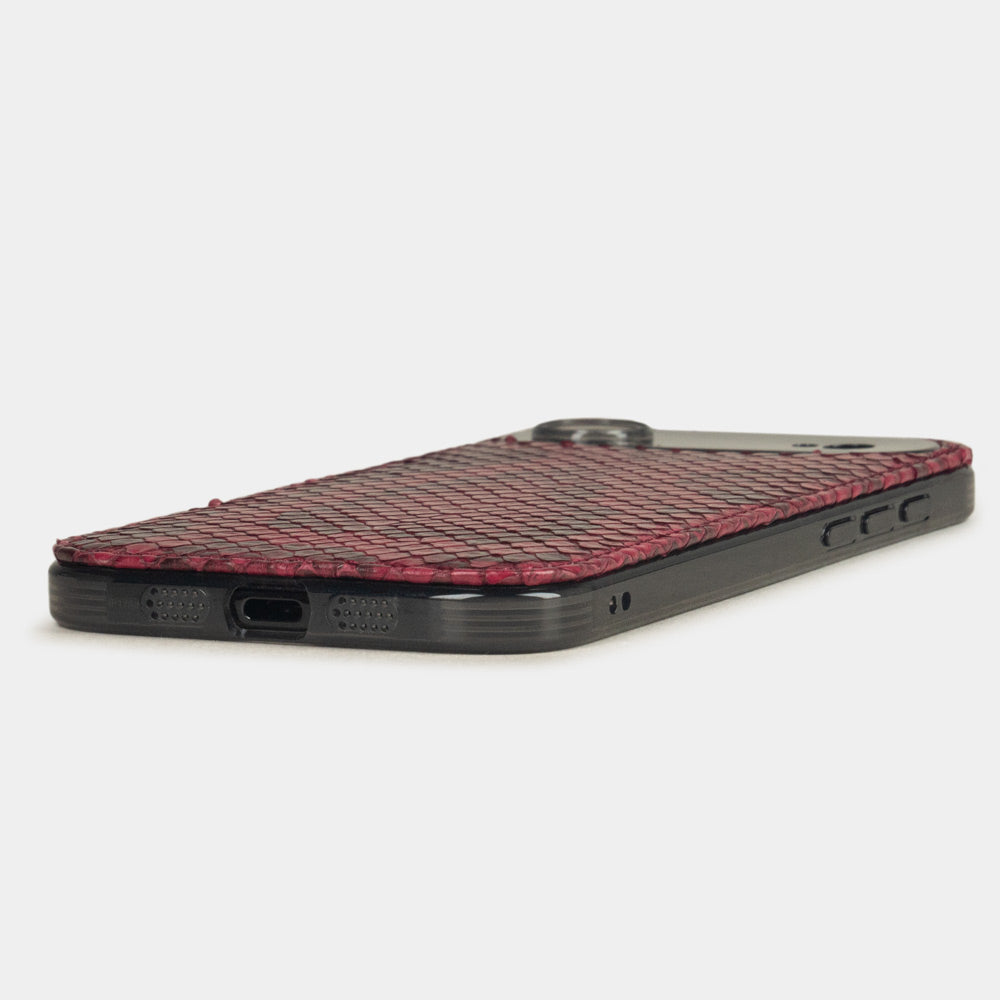 Bordeaux Python Cover Case iPhone 17 Air - flat side view displaying ultra-thin handcrafted design, USB-C port opening and precise edge finishing