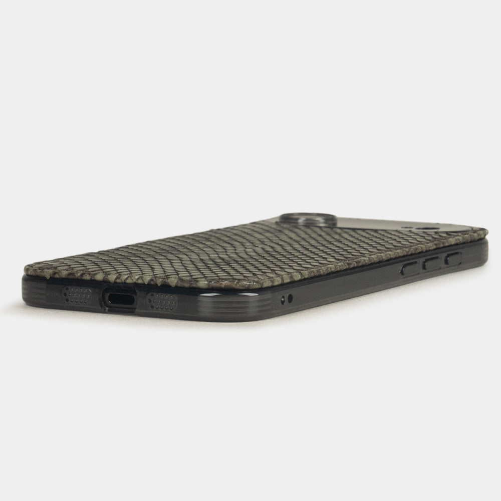 Green Python Cover Case iPhone 17 Air - flat side view displaying ultra-thin handcrafted design, USB-C port opening and precise edge finishing