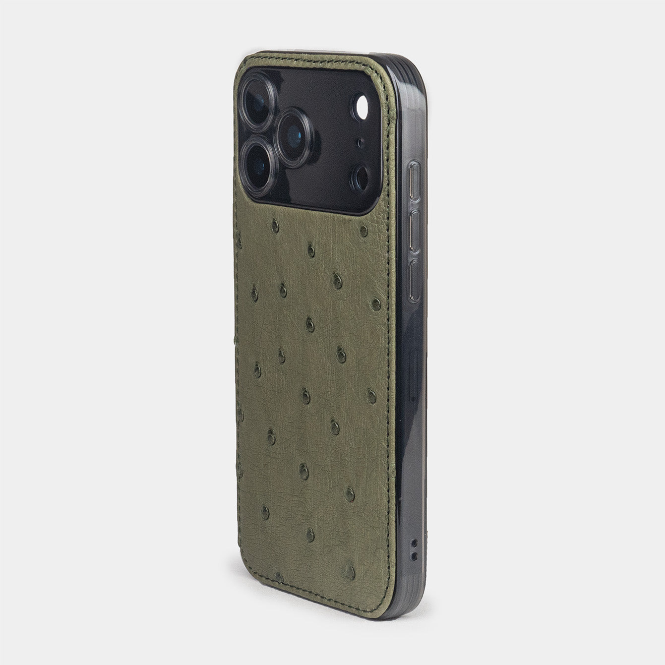 green Ostrich Cover Case iPhone 17 Pro – luxury handmade phone case in genuine ostrich leather, view of the side