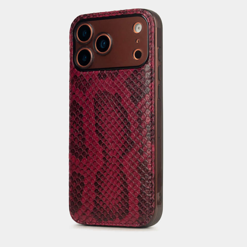Bordeaux Python Cover Case iPhone 17 Pro Max orange – luxury handmade phone case in genuine python leather
