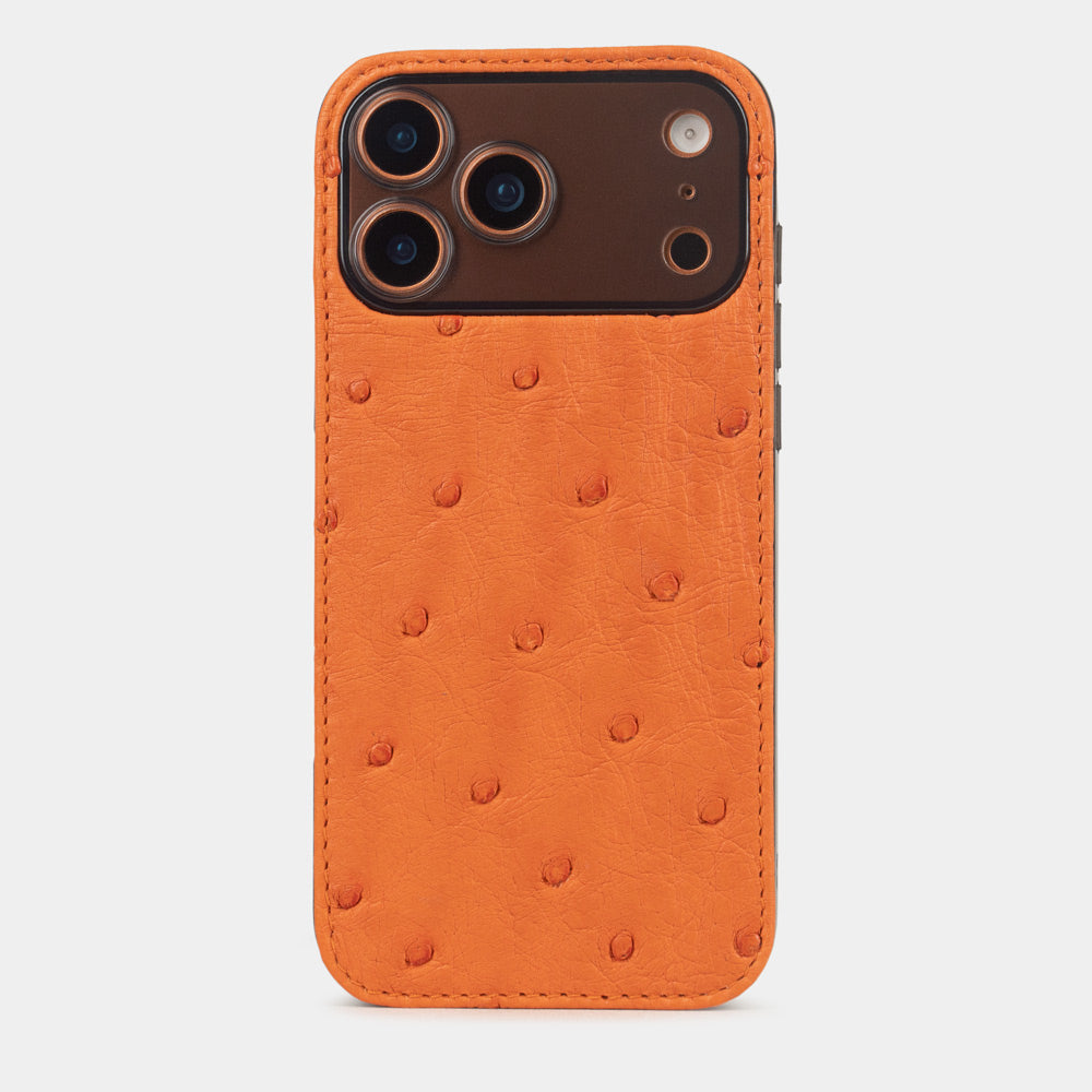 iPhone 17 Pro & Pro Max cover case in orange ostrich leather – back view, luxury MagSafe case handcrafted by Marcel Robert artisans
