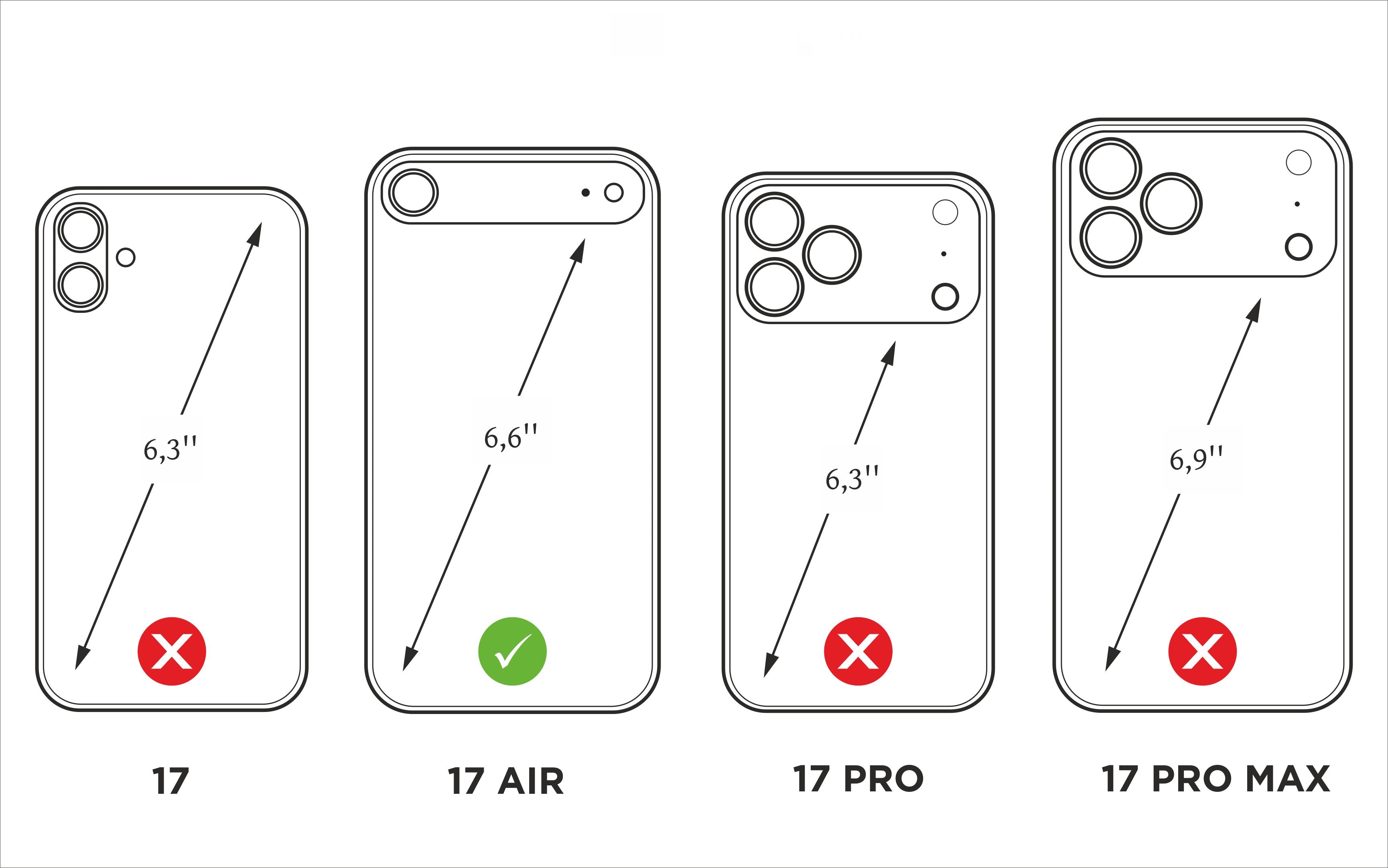 Compatibility guide illustration showing Marcel Robert leather case fits iPhone 17 Air 6.6 inch, not compatible with iPhone 17, 17 Pro or 17 Pro Max 