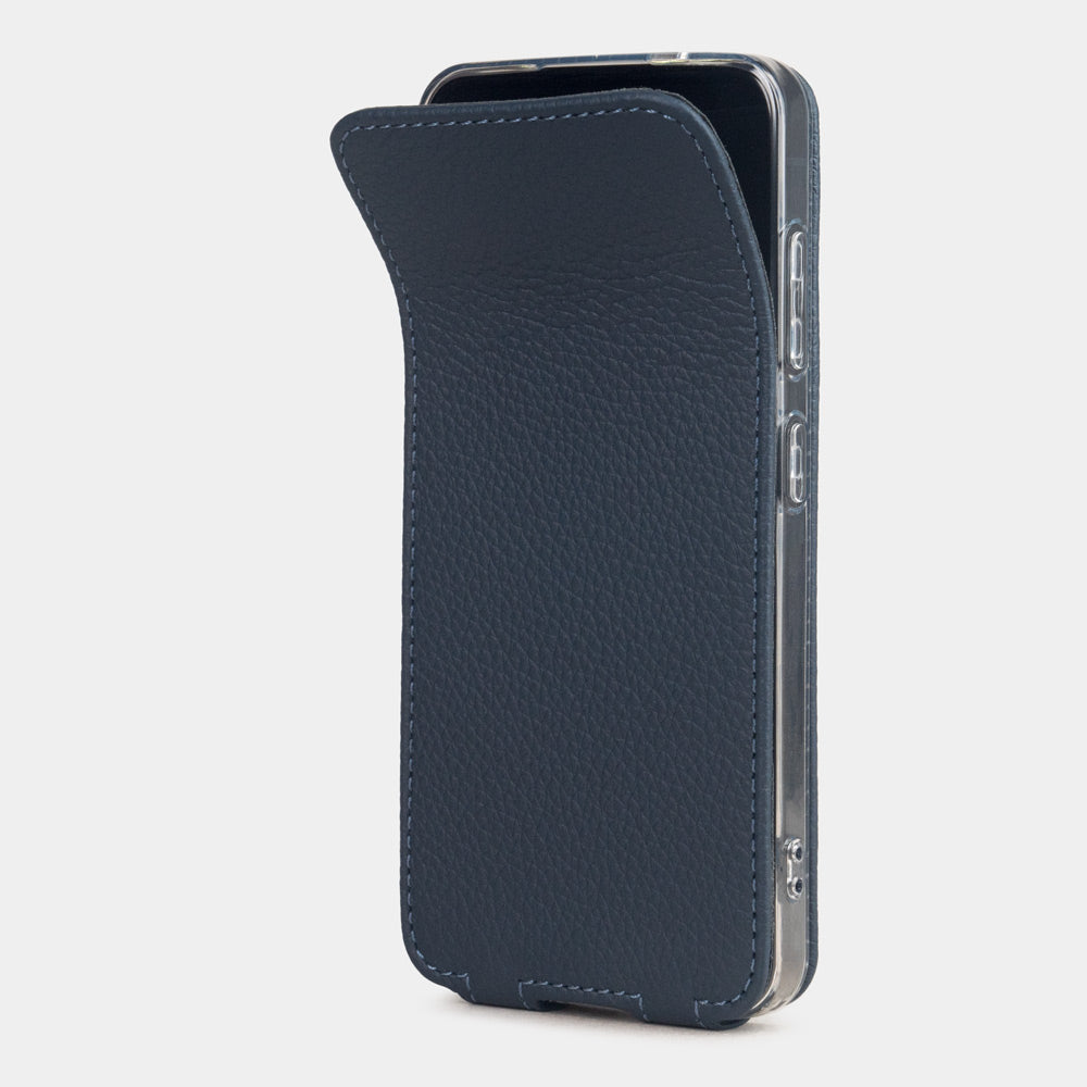 Samsung S24 Plus blaue Lederhülle, Magnetklappe öffnet sich und gibt den Bildschirm frei