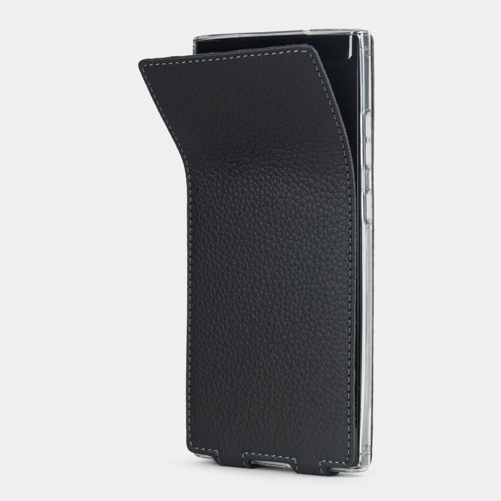 Funda de piel Samsung S23 Ultra negra, solapa flexible plegándose completamente plana contra la parte trasera