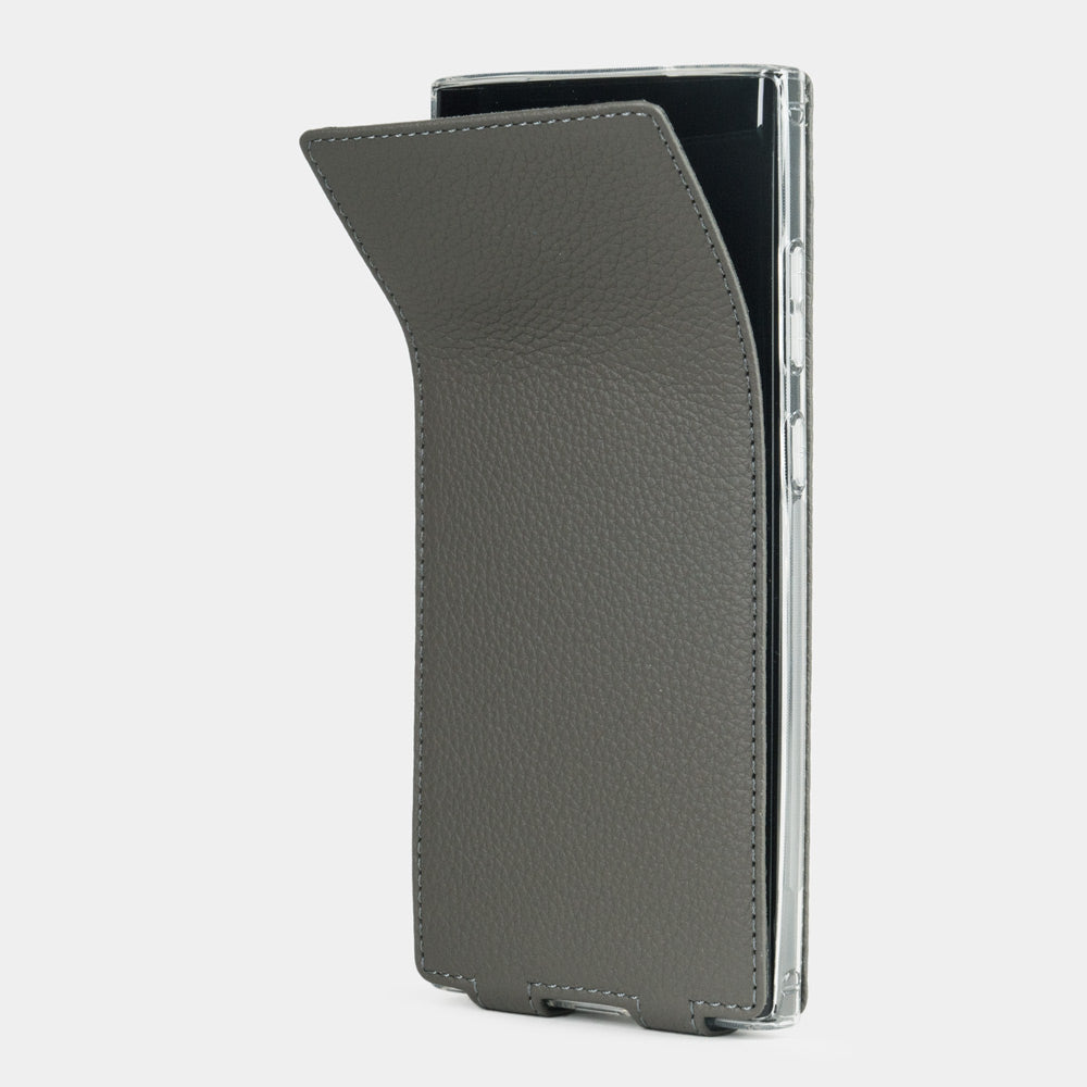 Funda de piel Samsung S23 Ultra gris, solapa flexible plegándose completamente plana contra la parte trasera