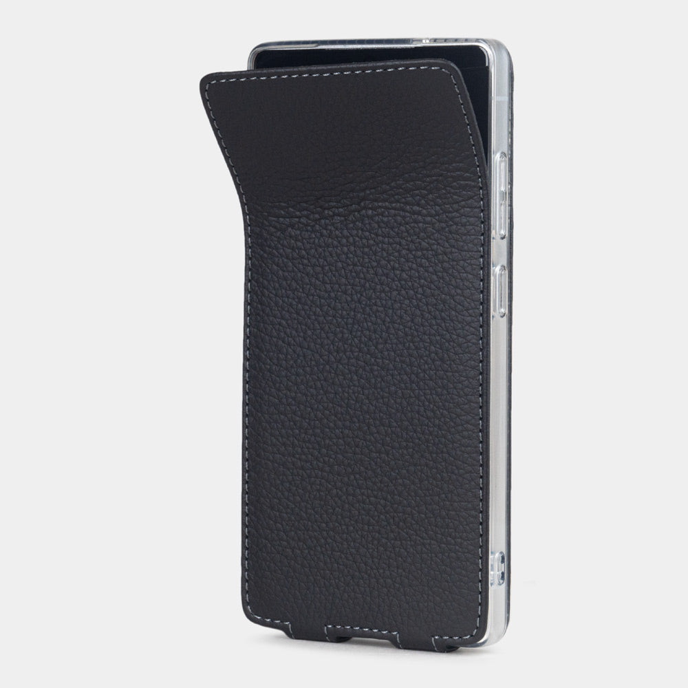 Samsung S25 Ultra black leather flip case with Marcel Robert's signature soft-fold flexible flap