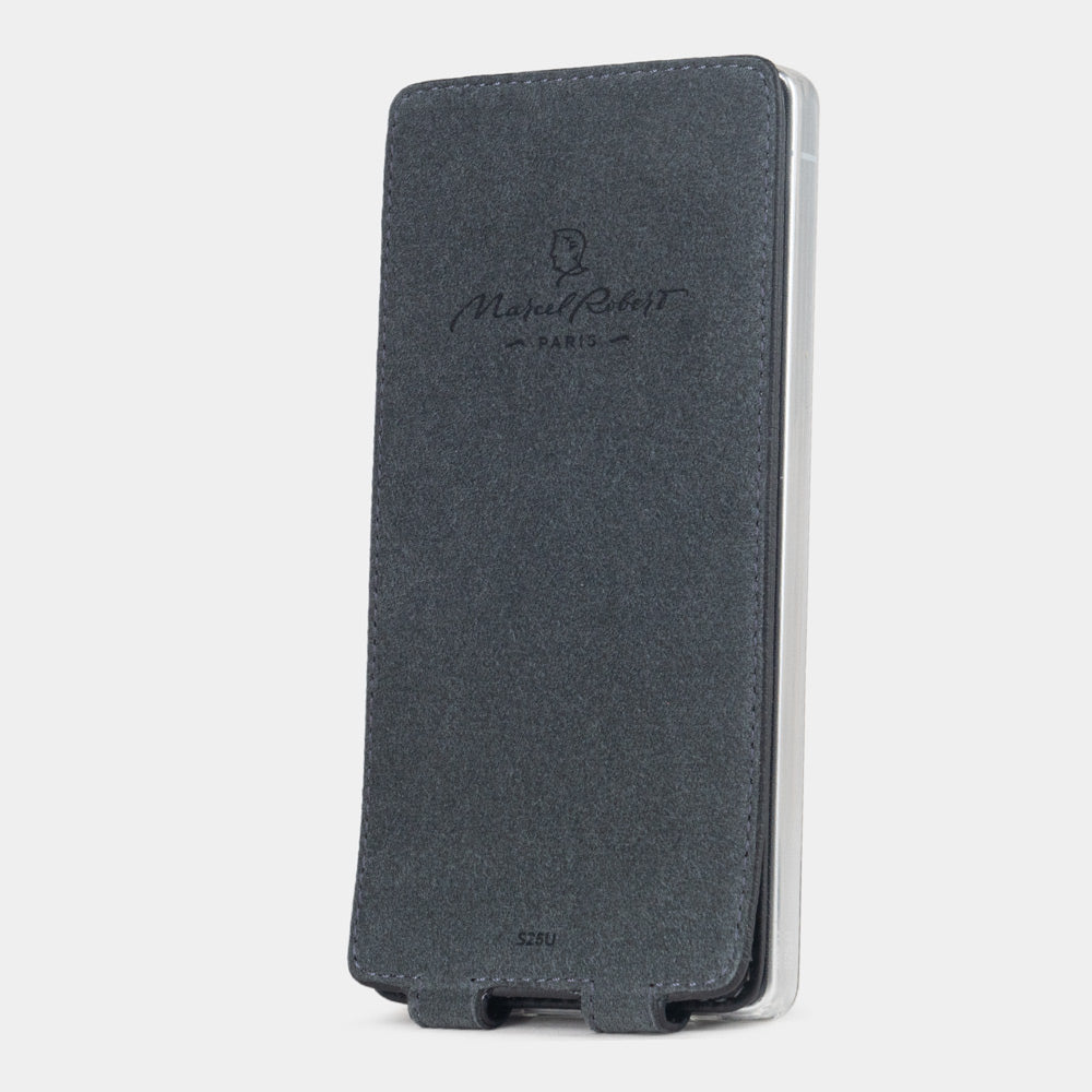 Samsung S25 Ultra black leather flip case Alcantara-lined magnetic flap that folds back during calls