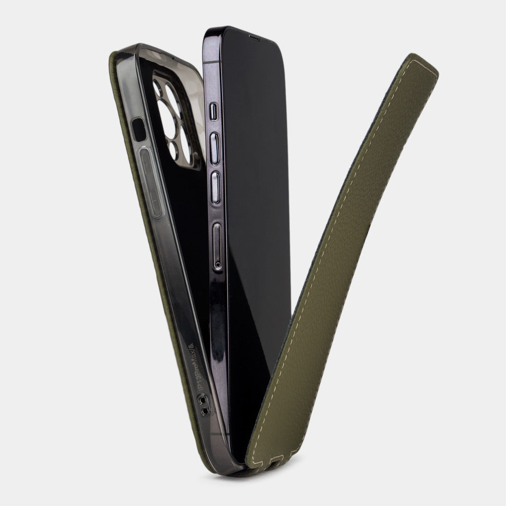 iPhone 14 Pro Max flip case made with green premium leather – view showing how the iPhone sits in the slim silicone shell and the soft flap that protects the screen