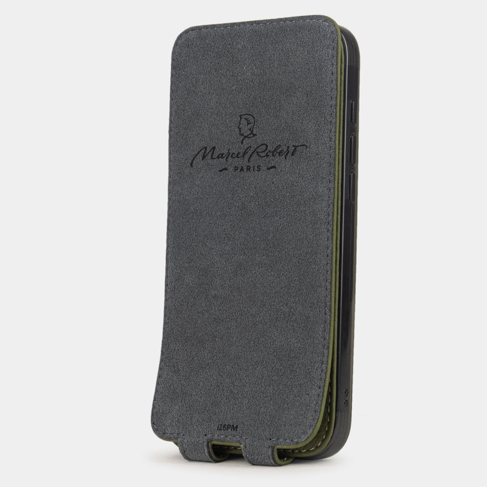 green Calfskin leather Case iPhone 16 Pro Max - interior view showing grey Alcantara lining with magnetic closure, designed to clean and protect the screen