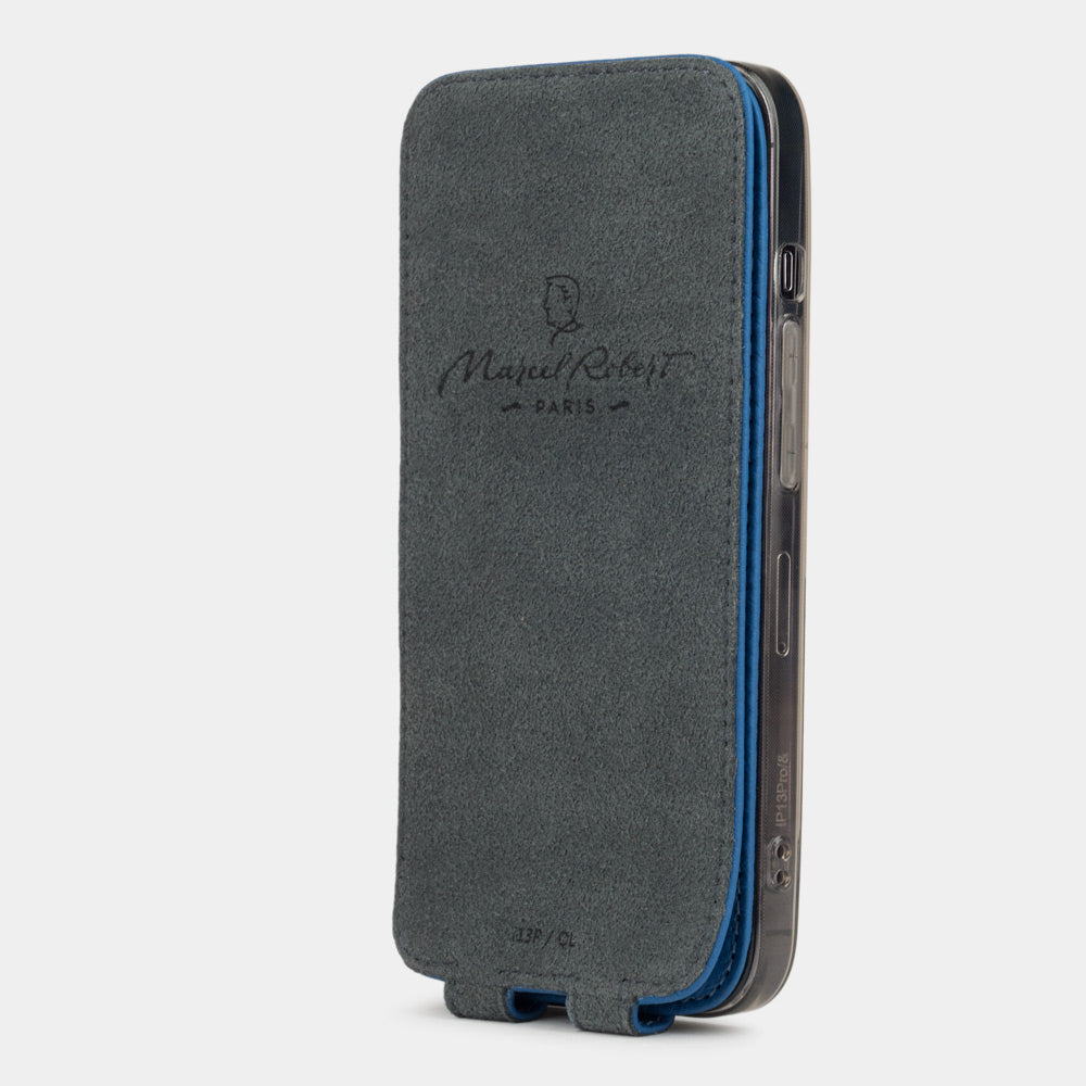 royal blue Calfskin Flip Case iPhone 16 - interior view showing grey Alcantara lining with magnetic closure, designed to clean and protect the screen