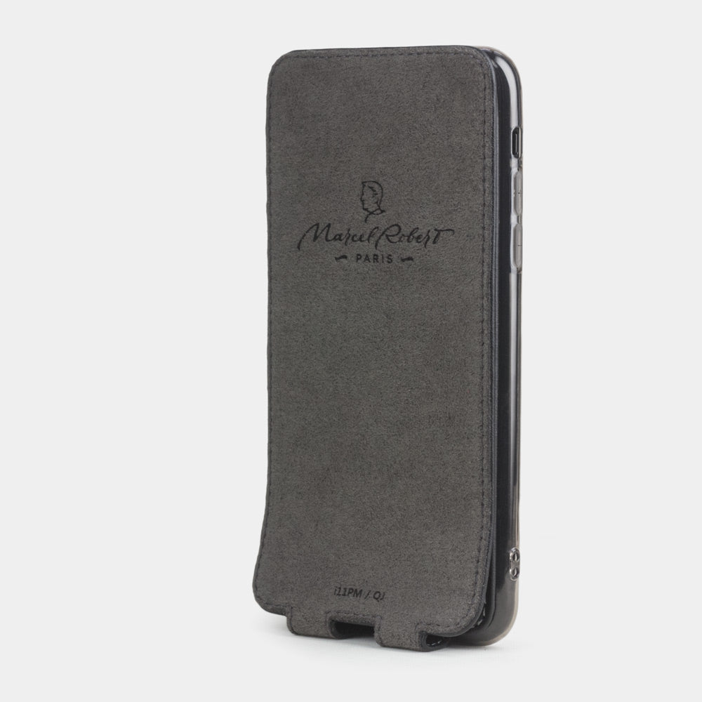 Black calfskin leather flip case iPhone 11 Pro, Marcel Robert handmade magnetic folding cover