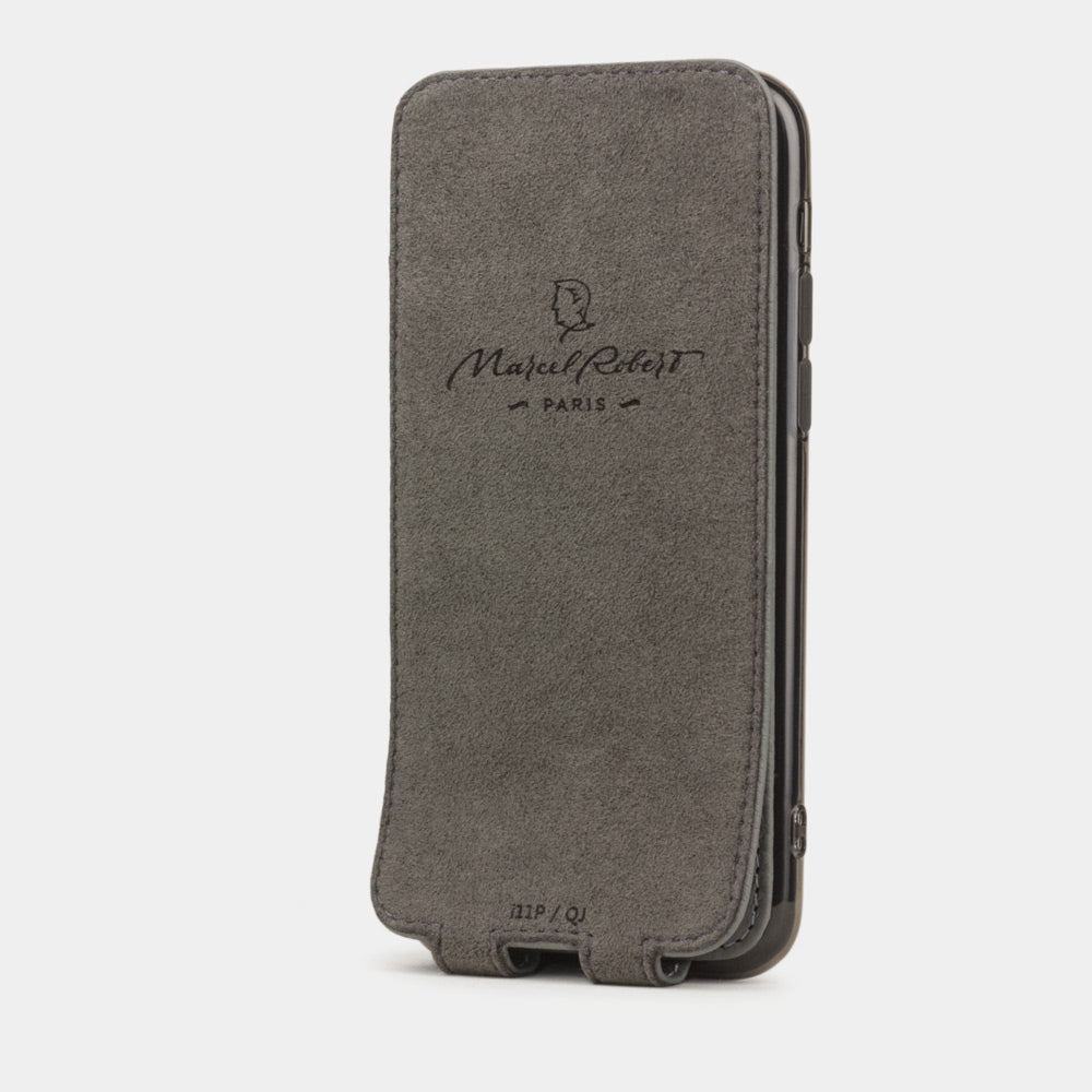 Grey Steel calfskin leather flip case iPhone 11, Marcel Robert handmade magnetic folding cover