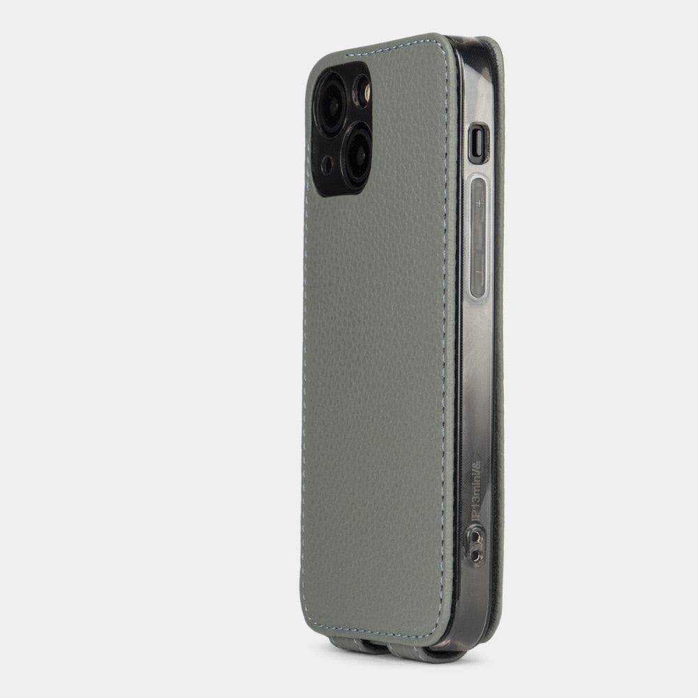 Grey Calfskin Case iPhone 15 - view from camera side and how the lenses are efficiently protected
