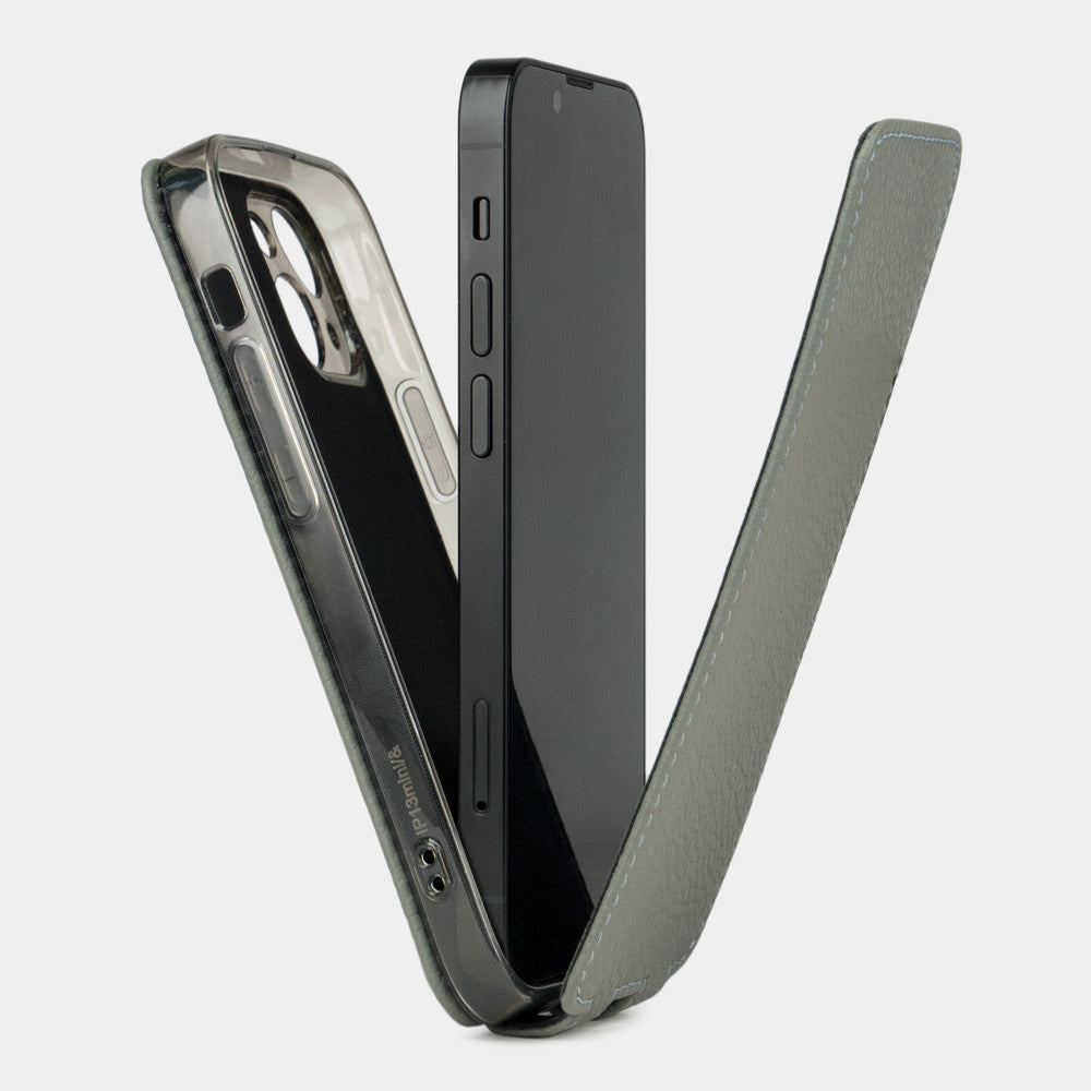 Grey Calfskin Case iPhone 15 - flip phone case shown open on smartphone, natural scale texture with folding front cover
