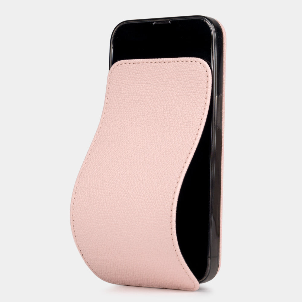 pink calfskin case iPhone 15 Pro – luxury handmade phone case in genuine leather with magnetic front cover partially open
