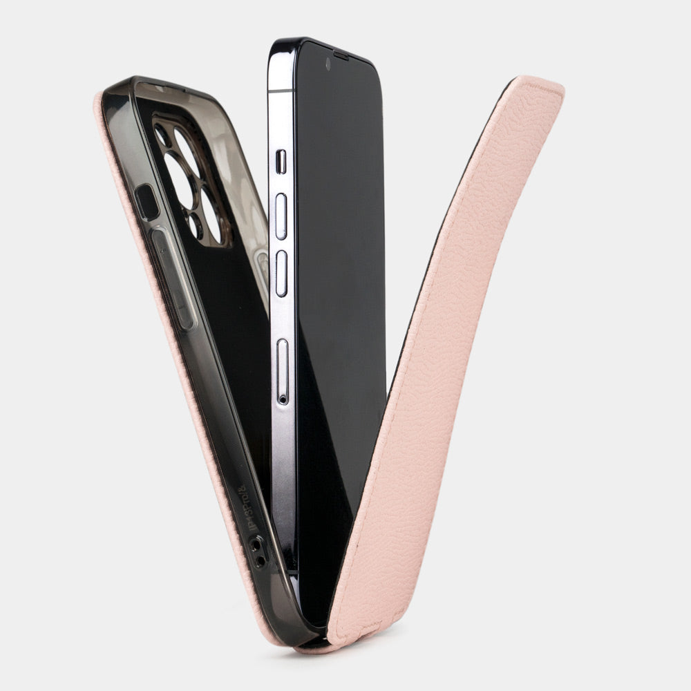 pink Calfskin Case iPhone 15 Pro – upright closed view highlighting the magnetic front cover fully protecting the screen, elegant silhouette