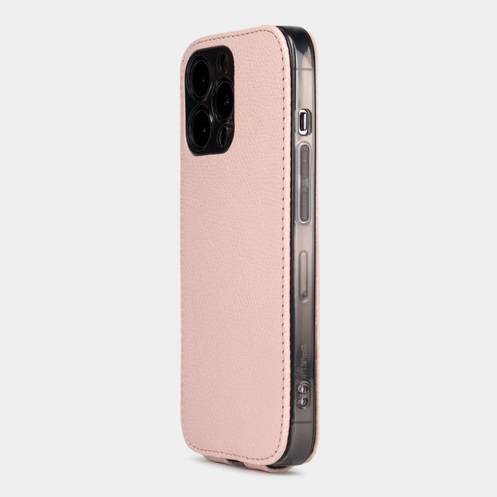 pink Calfskin Case iPhone 15 Pro – phone flip case with textured natural scale pattern, flexible front cover folding back to protect the smartphone screen