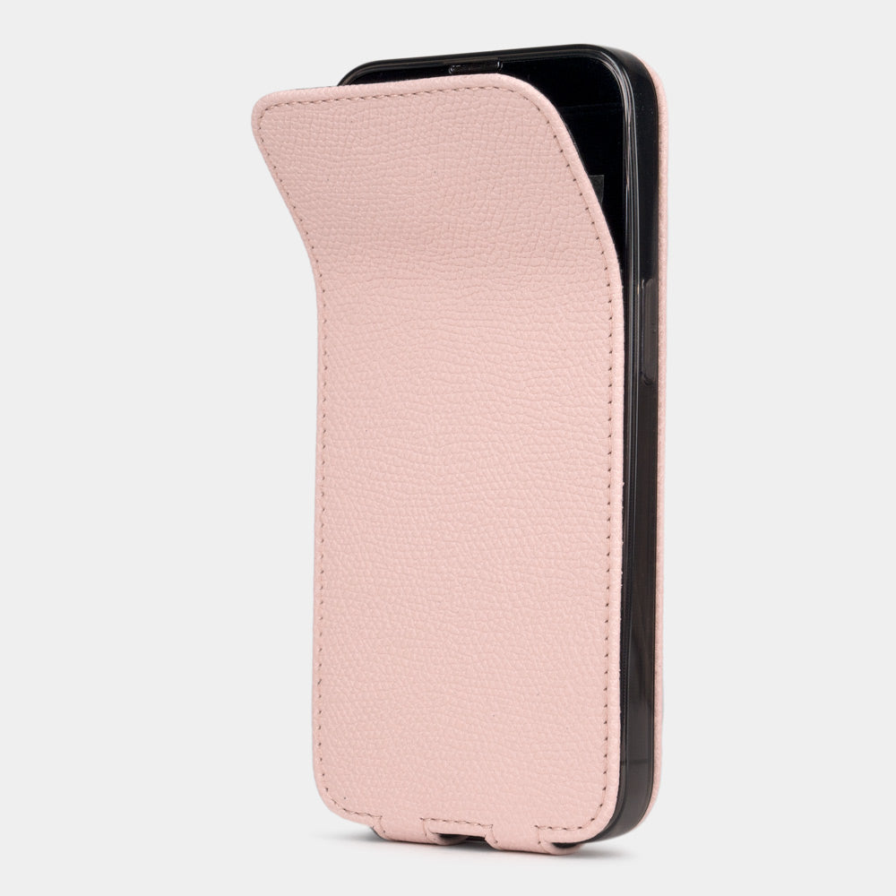 pink calfskin Case iPhone 15 Pro - view how the iphone is inserted into the silicone case and the soft cover
