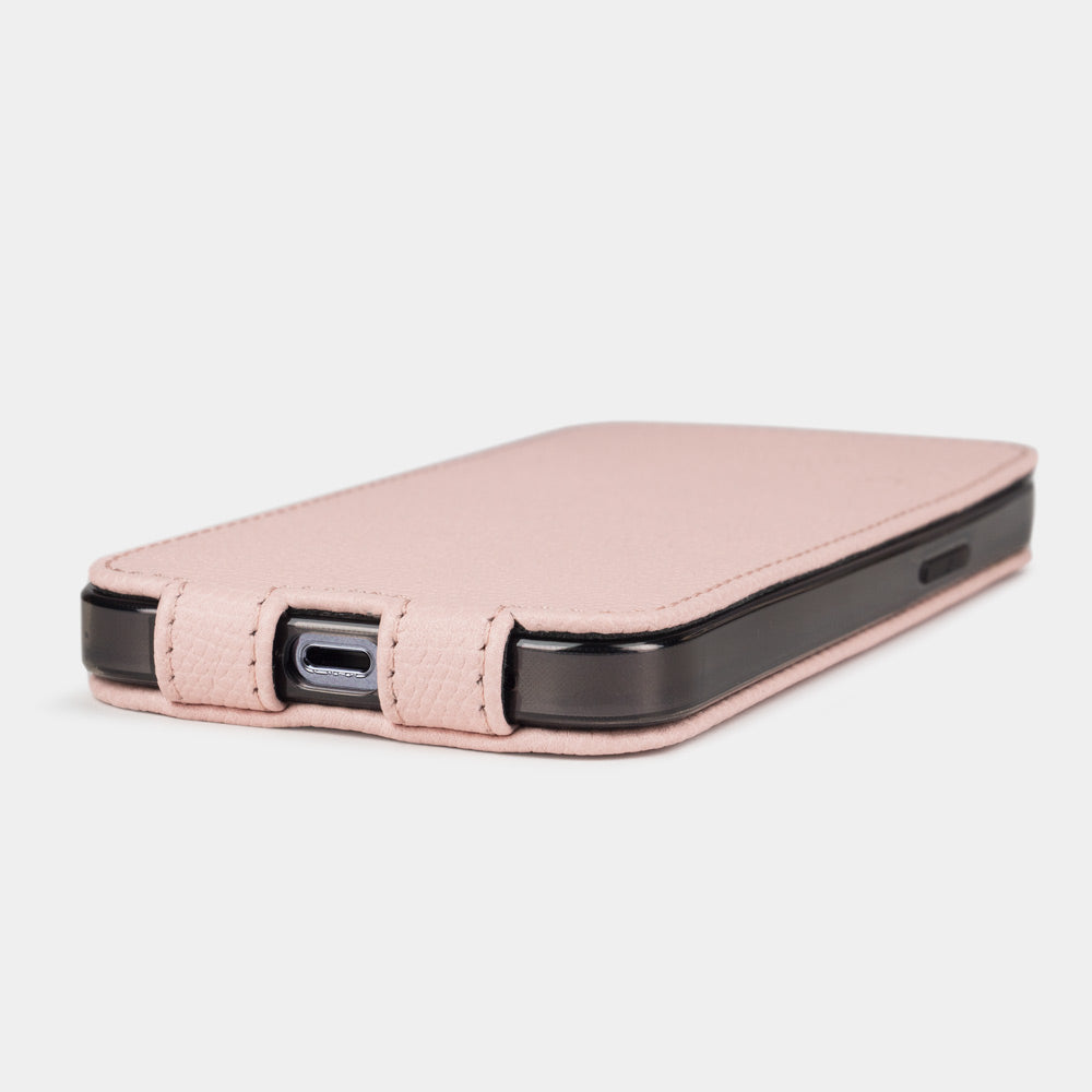 pink Calfskin Case iPhone 15 Pro - interior view showing grey Alcantara lining with magnetic closure, designed to clean and protect the screen