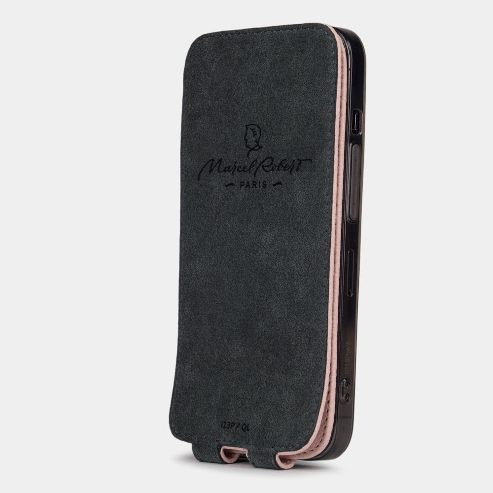 pink calfskin Case iPhone 15 Pro - flat side view displaying ultra-thin handcrafted design, USB-C port opening and precise edge finishing