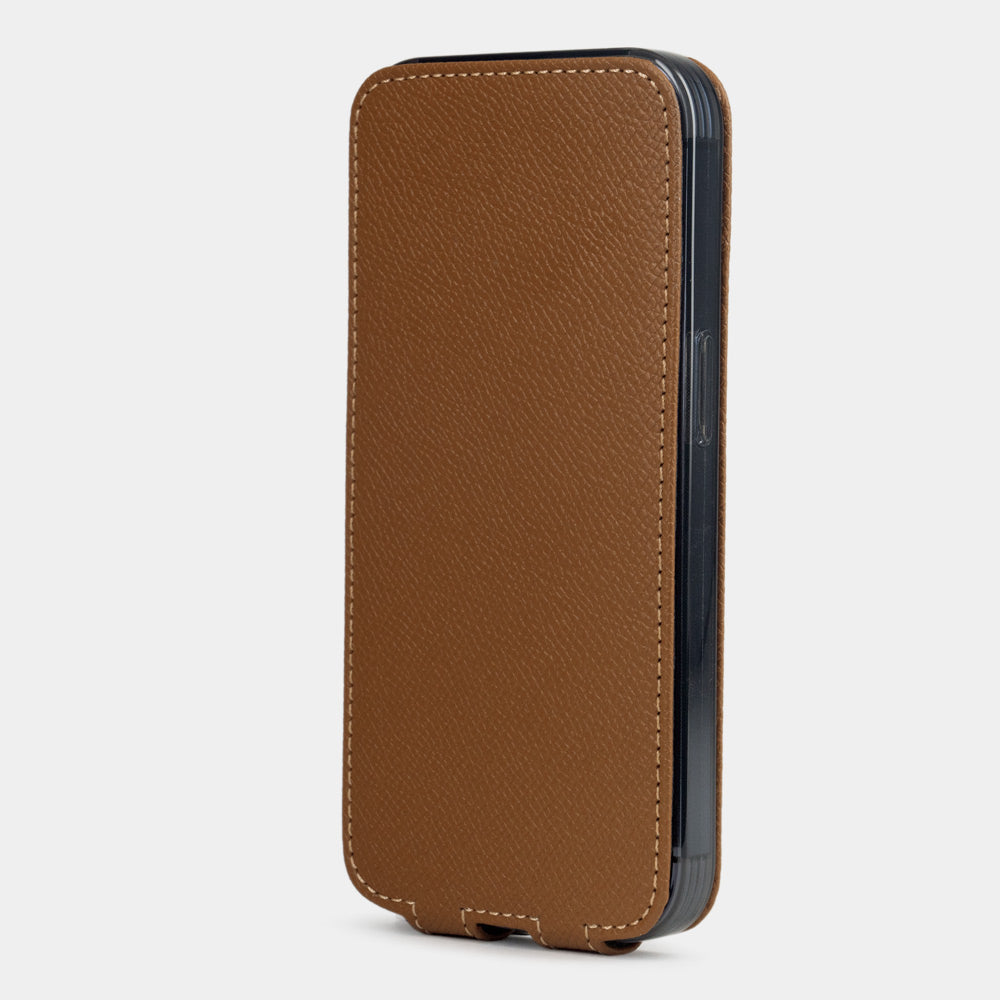 gold Calfskin Case iPhone 15 Pro – phone flip case with textured natural scale pattern, flexible front cover folding back to protect the smartphone screen
