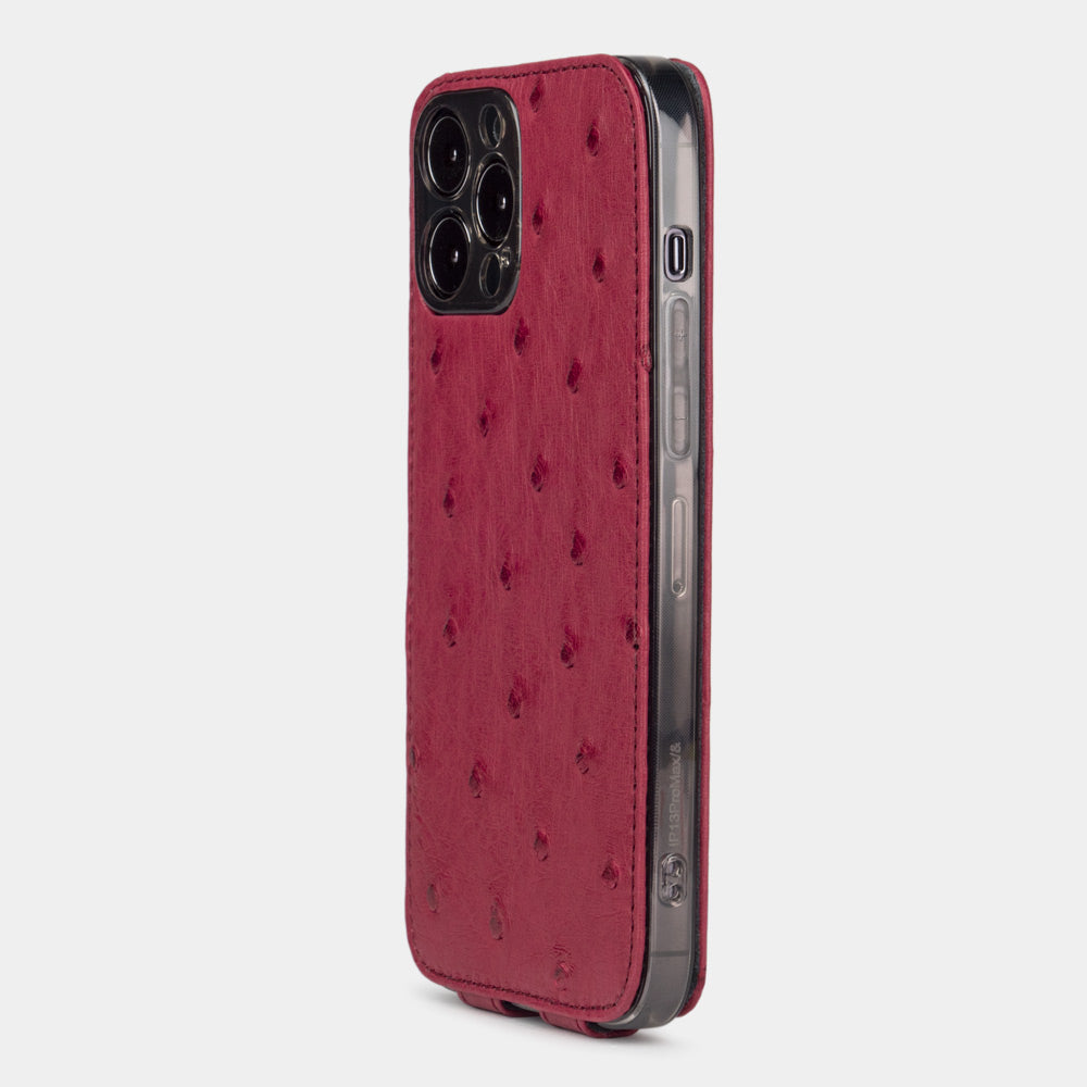 Custodia a libro MagSafe in pelle di struzzo color fucsia per iPhone 15 Pro – Premium