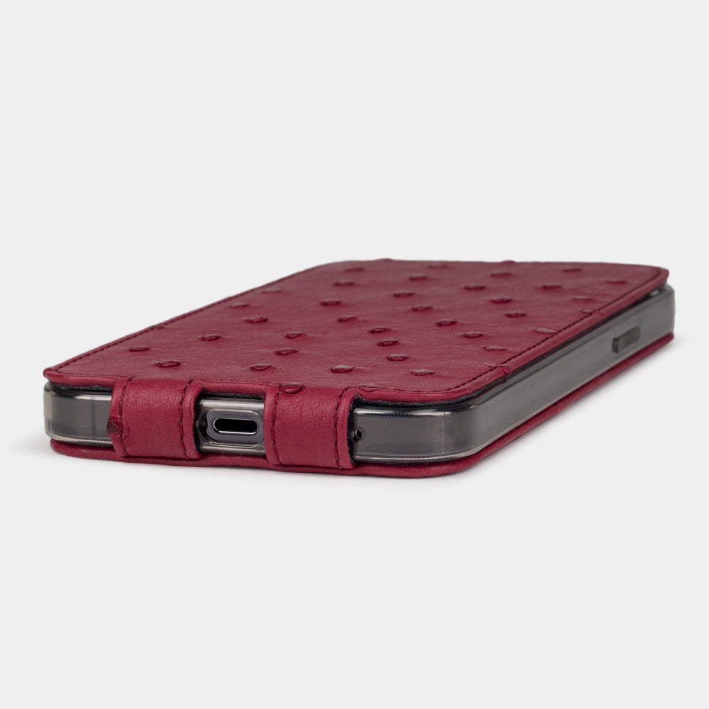 Custodia a libro MagSafe in pelle di struzzo color fucsia per iPhone 15 Pro – Premium