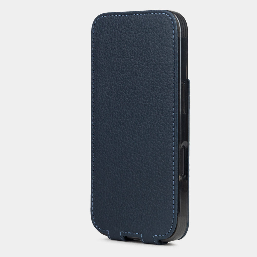 Blue Calfskin Case iPhone 16 Plus – upright closed view highlighting the magnetic front cover fully protecting the screen, elegant silhouette
