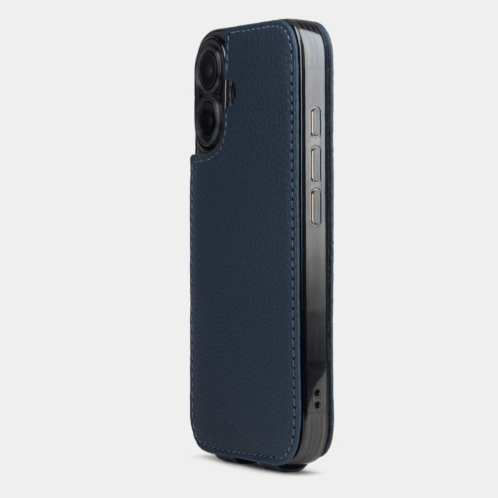 blue Calfskin leather Flip Case iPhone 16 Plus  - view from camera side and how the lenses are efficiently protected