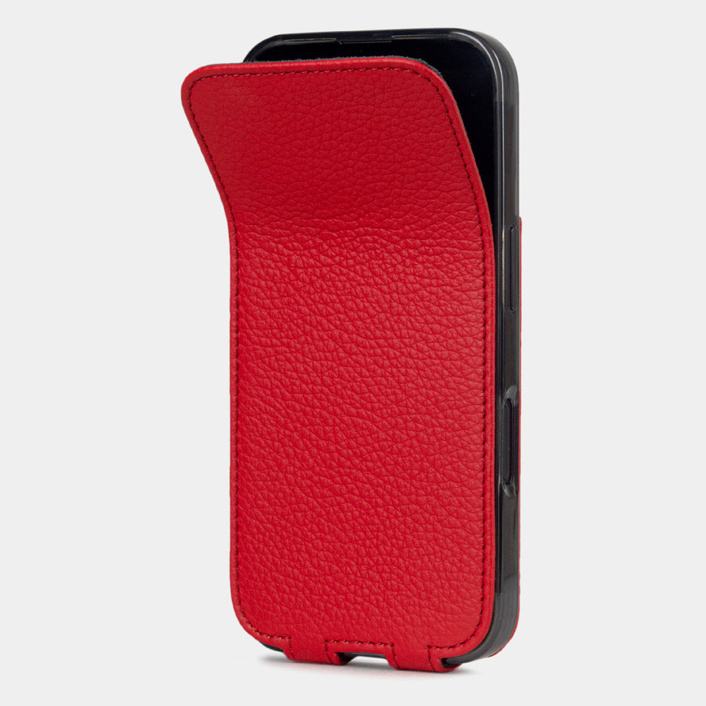 Red Calfskin Case iPhone 16 plus – phone flip case with textured natural scale pattern, flexible front cover folding back to protect the smartphone screen
