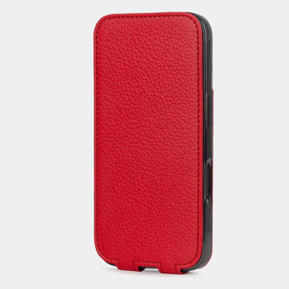 Red Calfskin Case iPhone 16 plus – upright closed view highlighting the magnetic front cover fully protecting the screen, elegant silhouette
