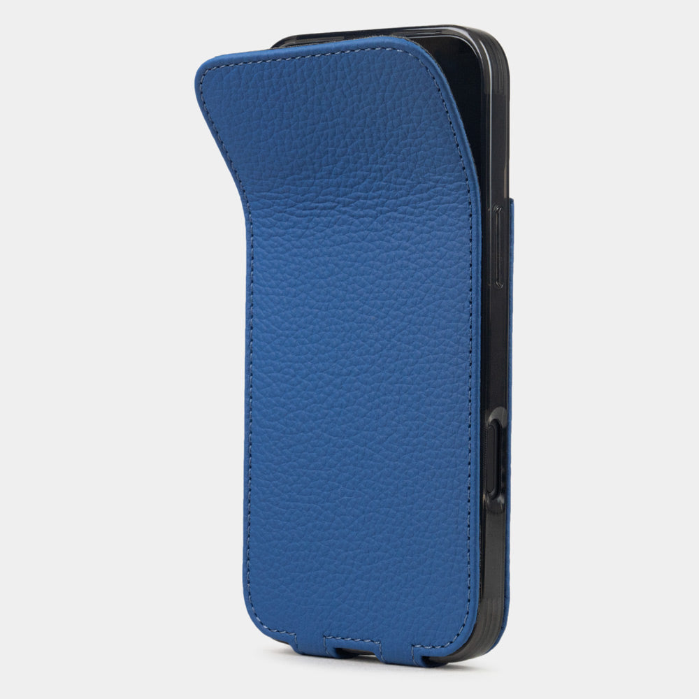 Royal Blue Calfskin Case iPhone 16 plus – phone flip case with textured natural scale pattern, flexible front cover folding back to protect the smartphone screen
