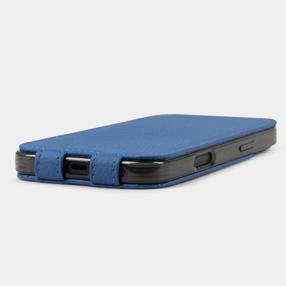 Royal Blue Calfskin Case iPhone 16 plus - flat side view displaying ultra-thin handcrafted design, USB-C port opening and precise edge finishing
