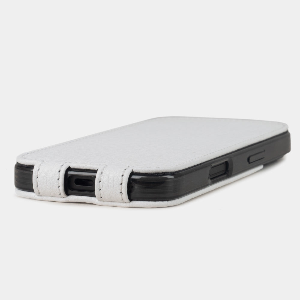 White Calfskin Case iPhone 16 plus - flat side view displaying ultra-thin handcrafted design, USB-C port opening and precise edge finishing
