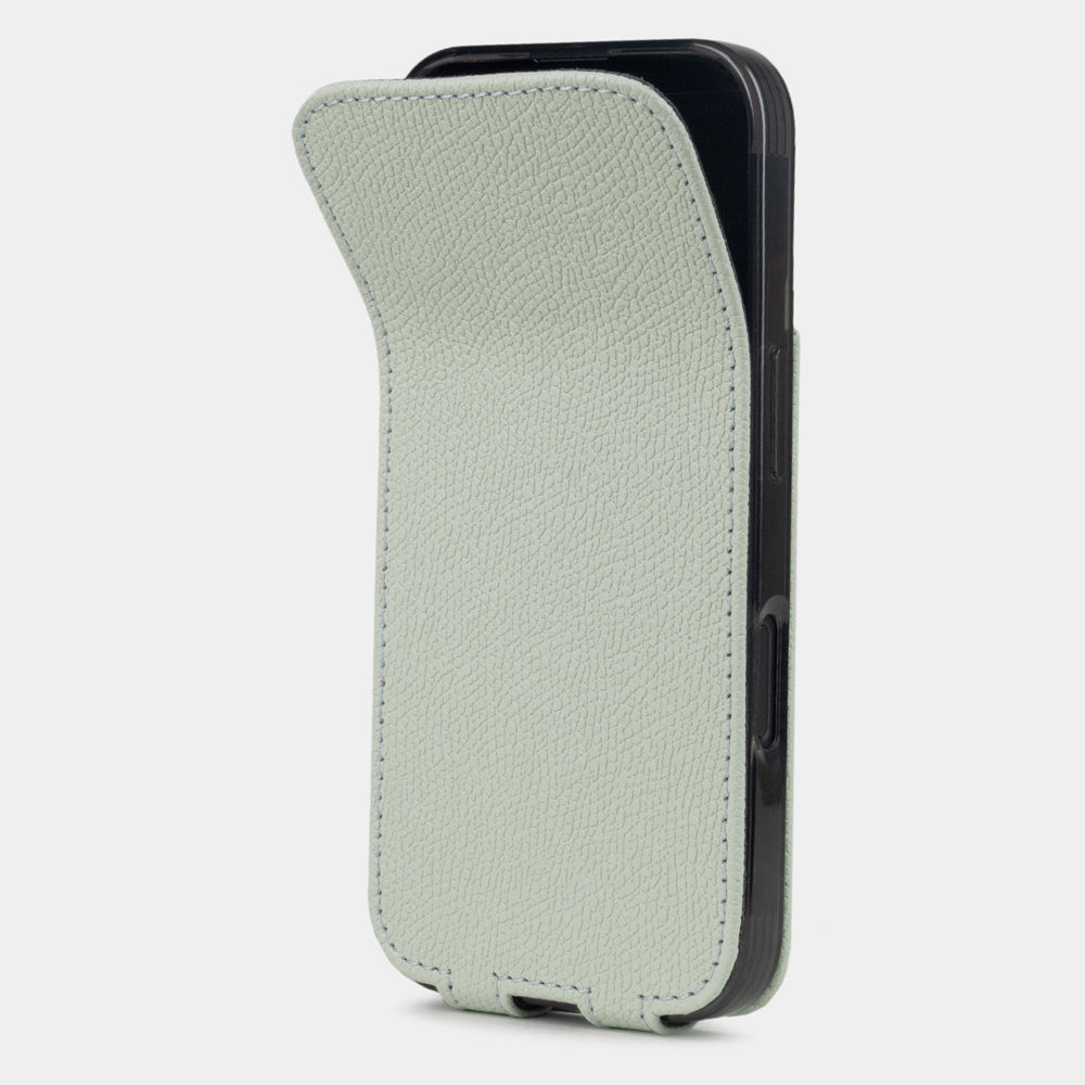 Green Pastel Saffiano Flip Case iPhone 16 plus – phone flip case with textured natural scale pattern, flexible front cover folding back to protect the smartphone screen