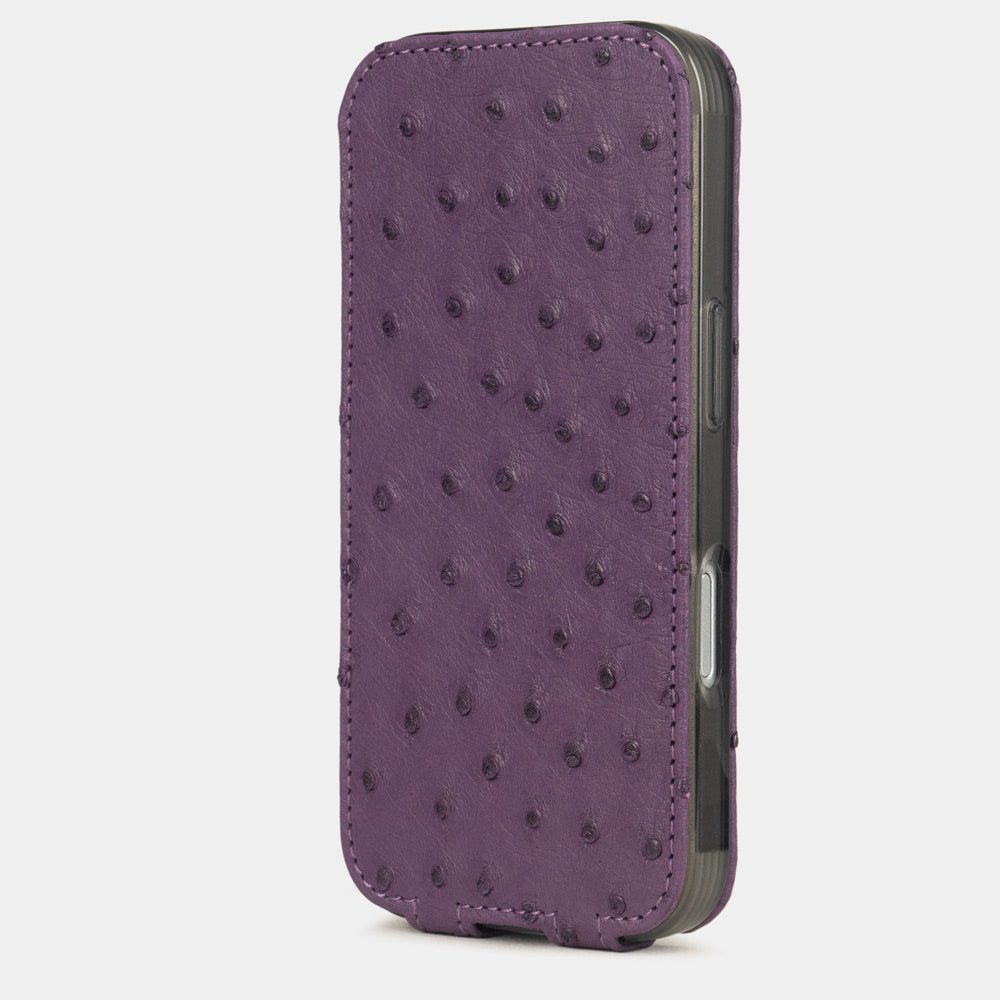Purple Ostrich Case iPhone 17 Air – upright closed view highlighting the magnetic front cover fully protecting the screen, elegant silhouette