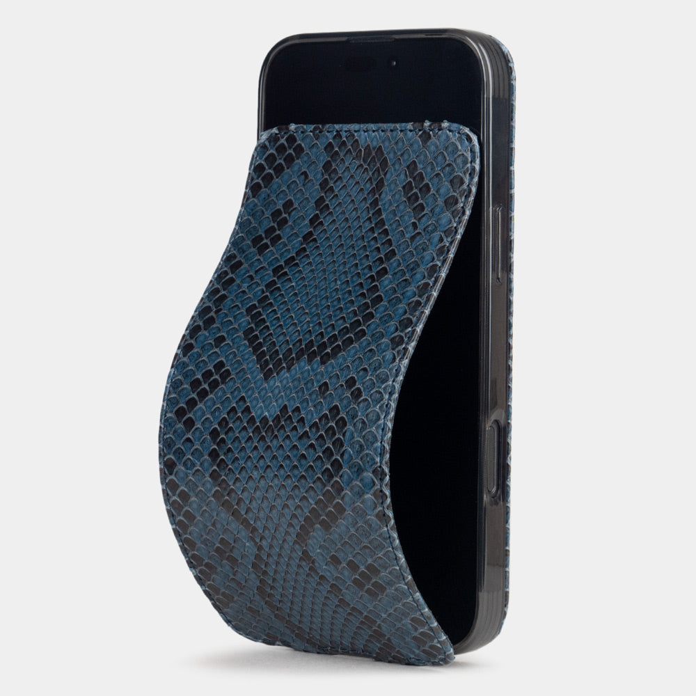 blue python case iPhone 17 Air – luxury handmade phone case in genuine leather with magnetic front cover partially open, main photo